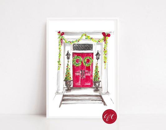 Christmas red classic door, Christmas art print, Holiday art print