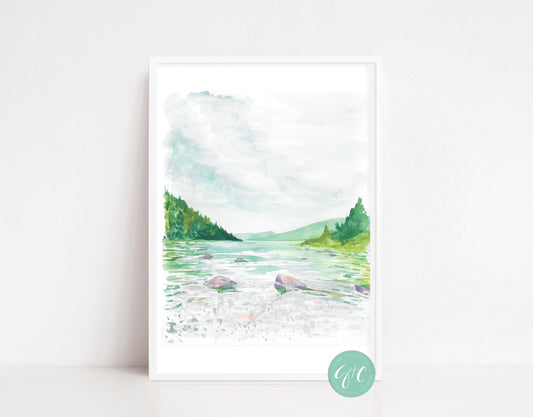 Jordan Pond, Maine travel art, Acadia National Park, landscape, travel art print