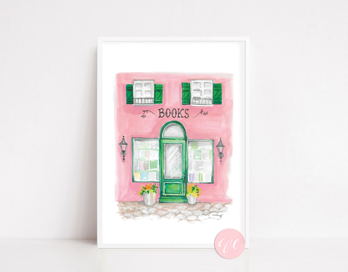 Pink and Green Book shop, book art print