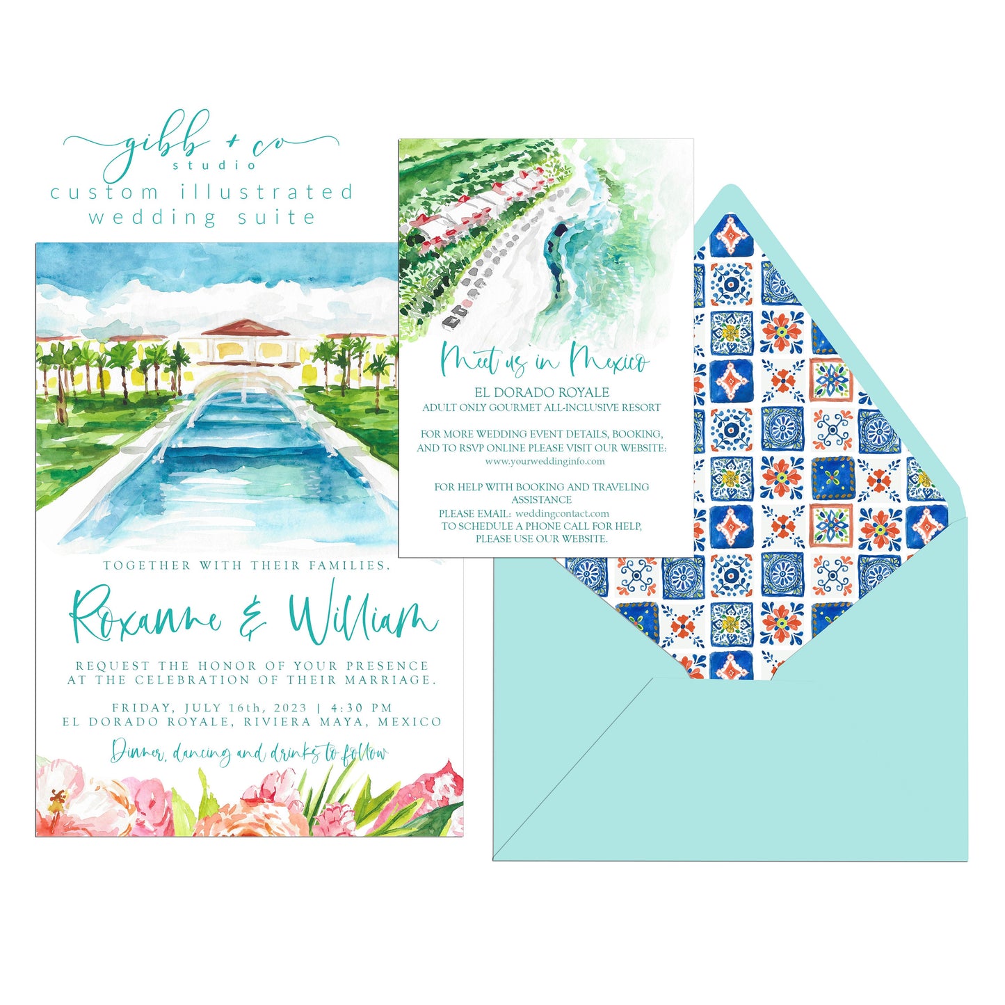 Custom watercolor illustrated wedding set, custom destination wedding set