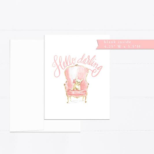 Hello Darling, Thinking of you card, Birthday greeting card, Frenchie lover, French Bulldog, for dog lover, watercolor, friendship card, just because