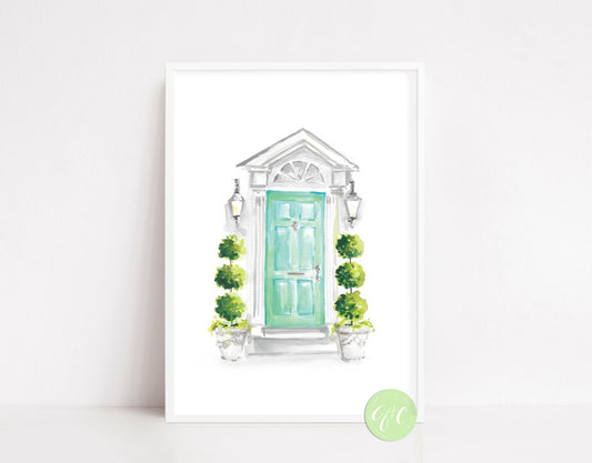 Teal Door, Charleston, topiary, garden art print, architecture art print