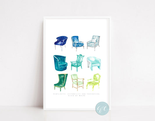 Blue Green Chair Illustrations art print, interior design art print, architecture art print