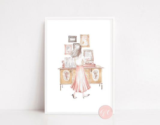 Listening to records, fashion art print