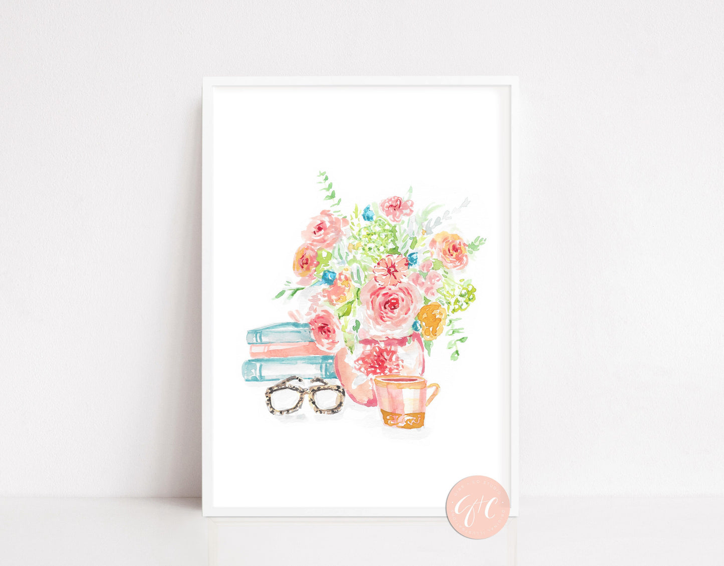 Floral still life study, writer's desk, book art print, floral art print