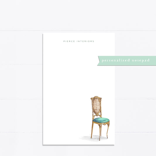 Personalized notepad, gold, antique chair, interior designer, decor, things to do list, 5.5x8.5, gift for, her, feminine, list maker
