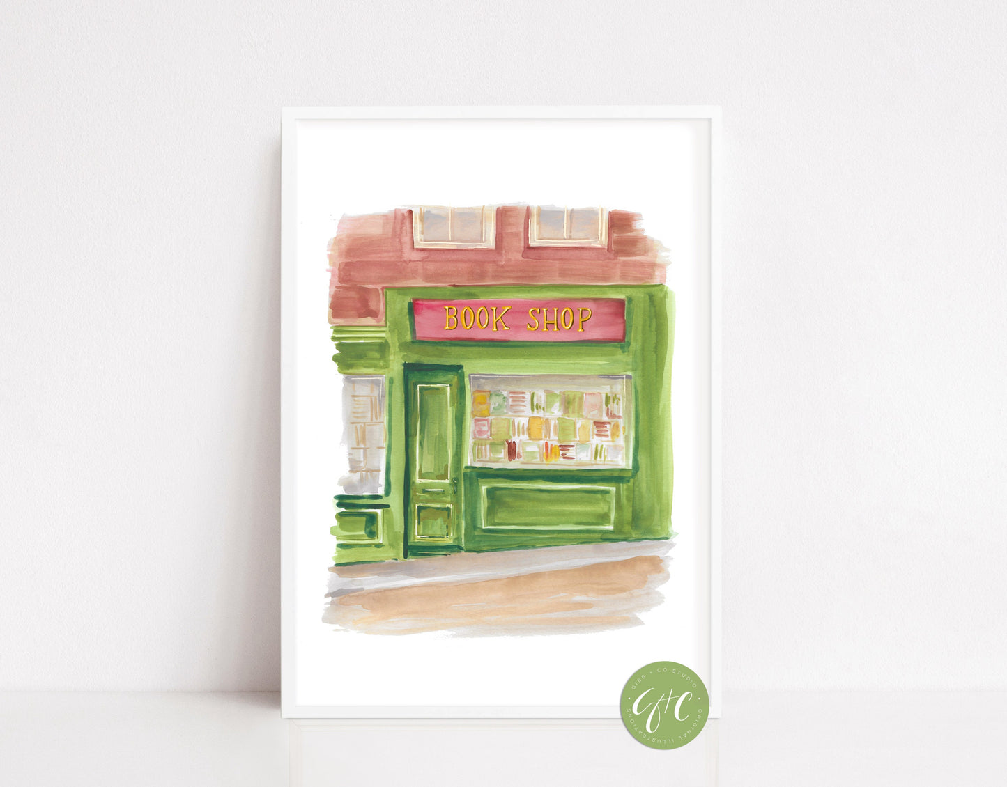 Pink and Green Book shop, book art print