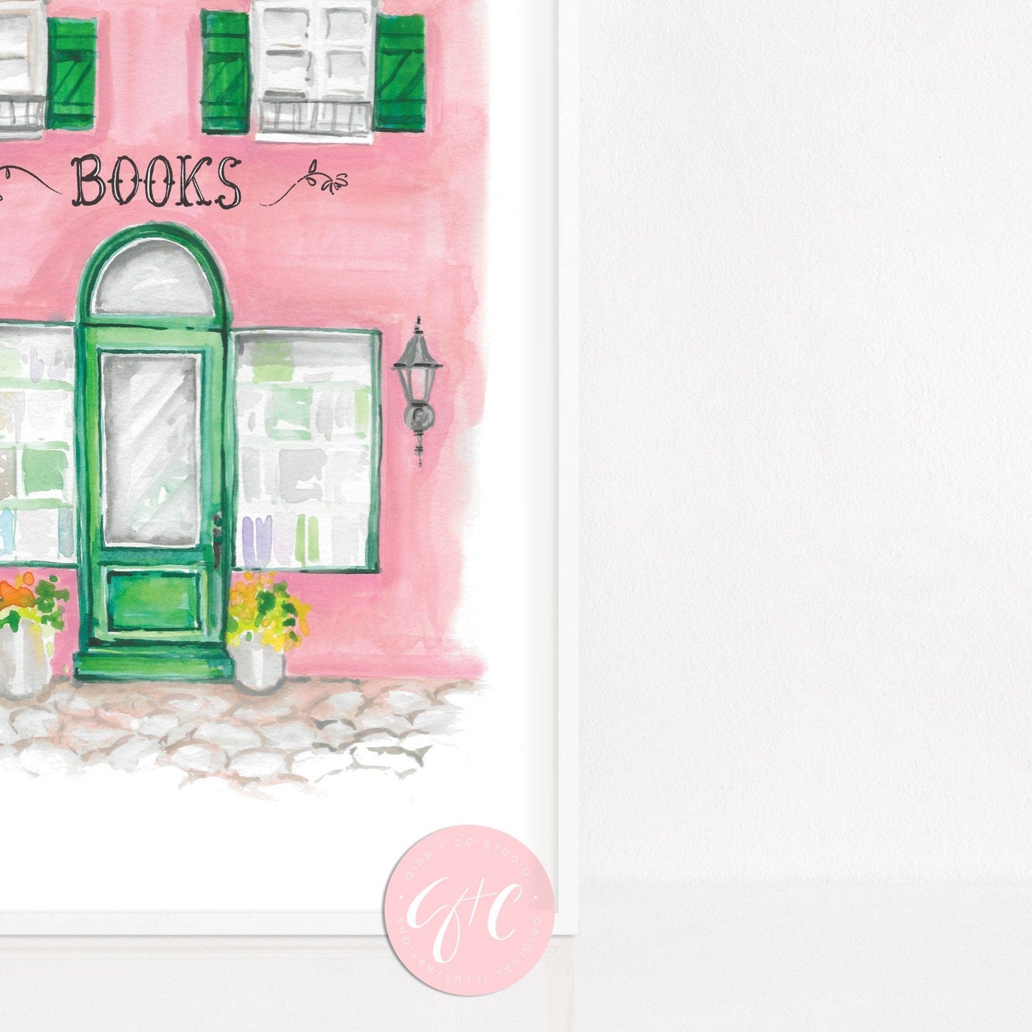 Pink and Green Book shop, book art print