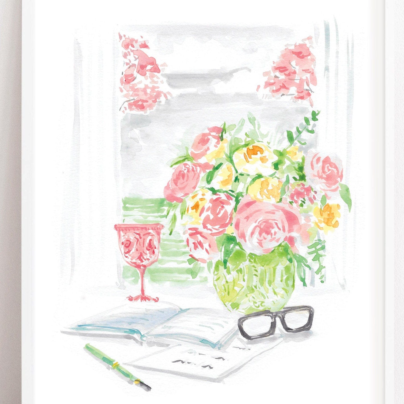 Writer's desk vignette garden view, book art print, floral art print