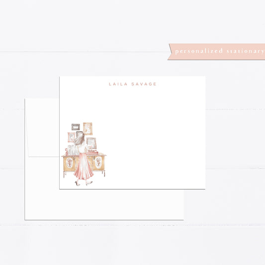 Personalized stationery, record player, listening to music, music lover, vintage pink, fashion,  watercolor, printed art, gift for, pink