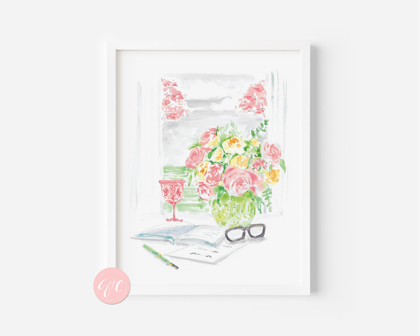 Writer's desk vignette garden view, book art print, floral art print