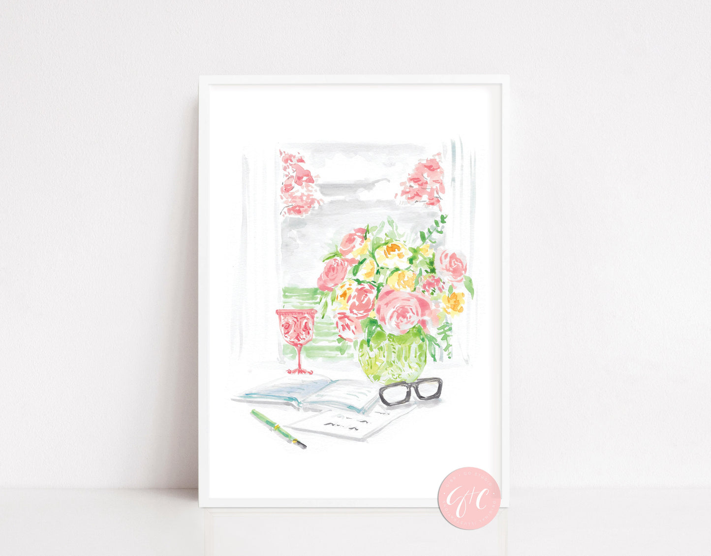 Writer's desk vignette garden view, book art print, floral art print