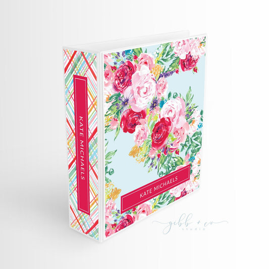 Binder, floral pattern, personalized binder, recipes, wedding planner, small business binder, pink, red, blue, watercolor flowers, feminine