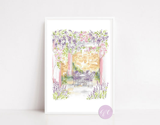 French garden art print, Wisteria floral art, Paris garden, floral art print