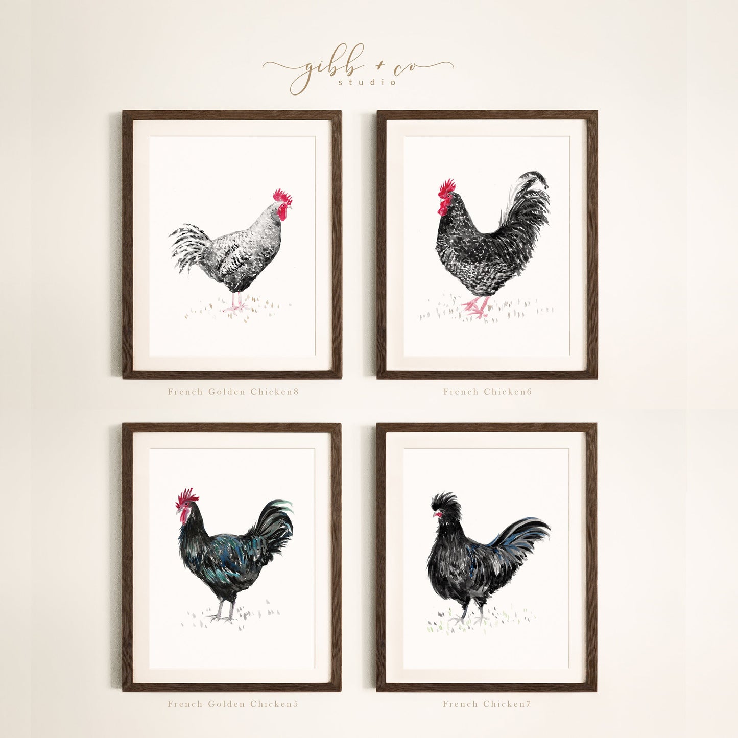 Chicken art, French, French hens, French Provincial, farmhouse art print, modern rustic, art print, watercolor art print, printed art, black chickens