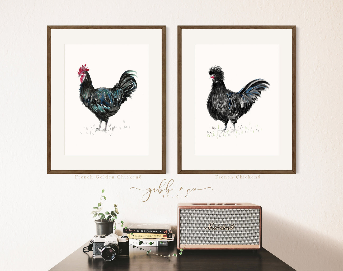 Chicken art, French, French hens, French Provincial, farmhouse art print, modern rustic, art print, watercolor art print, printed art, black chickens