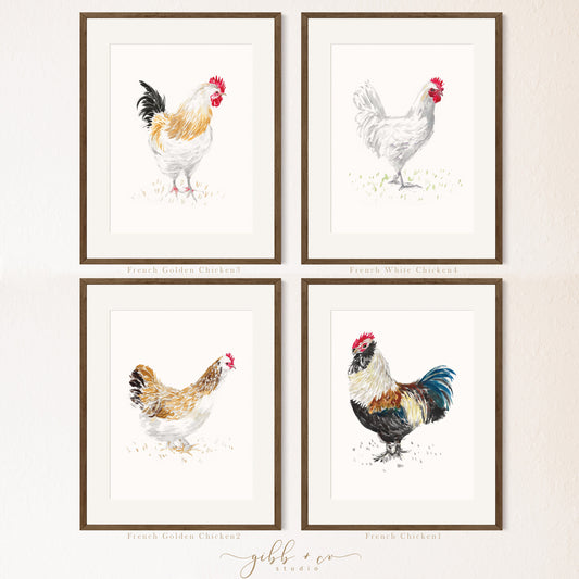 Chicken art, French, French hens, French Provincial, farmhouse art print, modern rustic, art print, watercolor art print, printed art, illustration