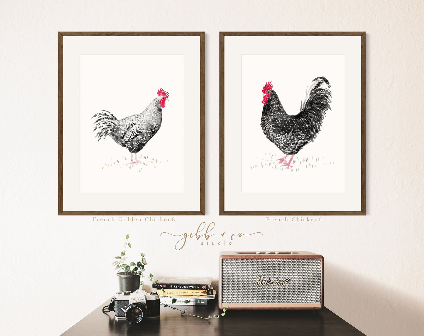 Chicken art, French, French hens, French Provincial, farmhouse art print, modern rustic, art print, watercolor art print, printed art, black chickens