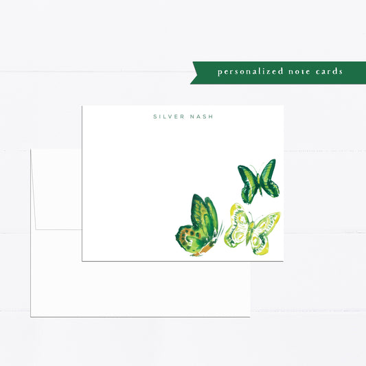 Personalized stationery, green, citron, butterfly, butterflies, kids stationery, girly, watercolor, printed art, gift for, feminine