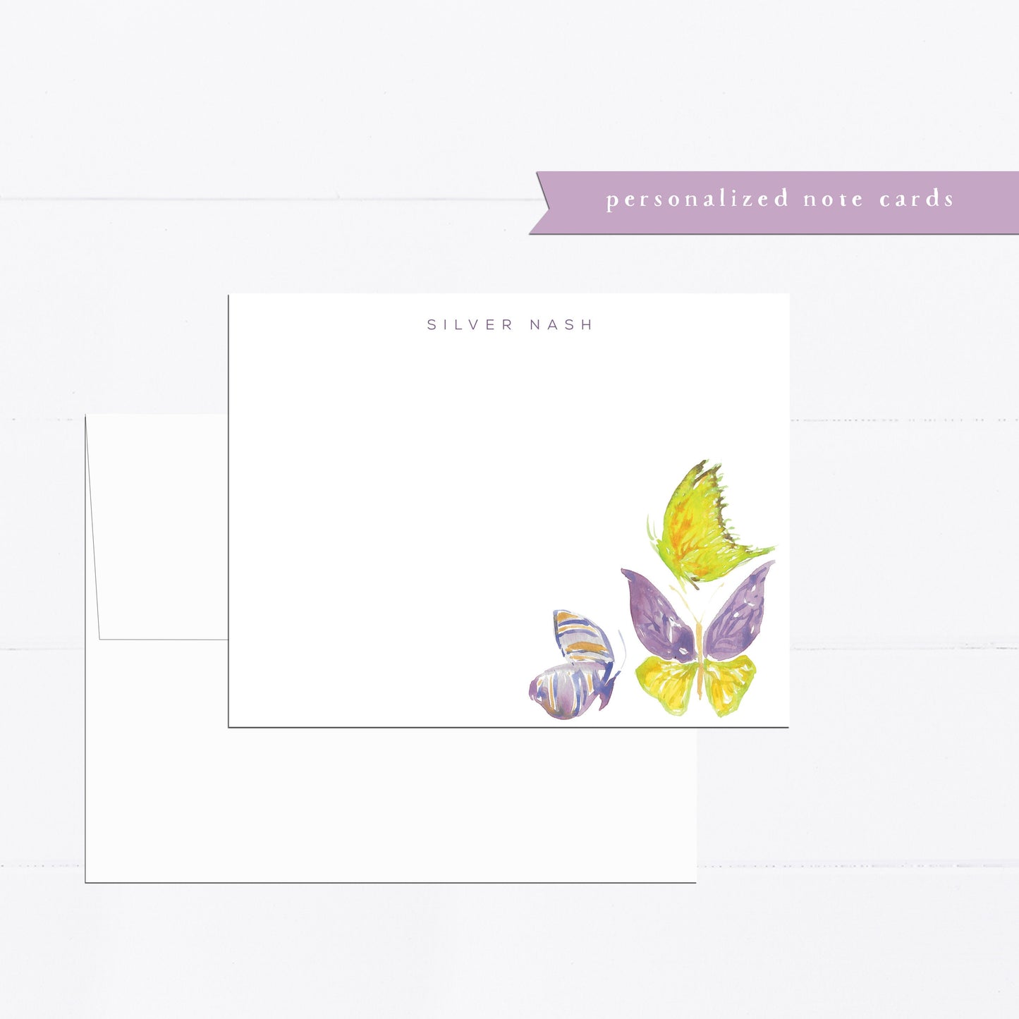 Personalized stationery, green, purple, butterfly, butterflies, kids stationery, girly, watercolor, printed art, gift for, feminine