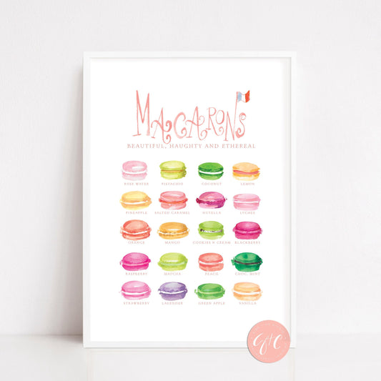 Macaron art print, macaron flavors, illustrated food art print, travel art print