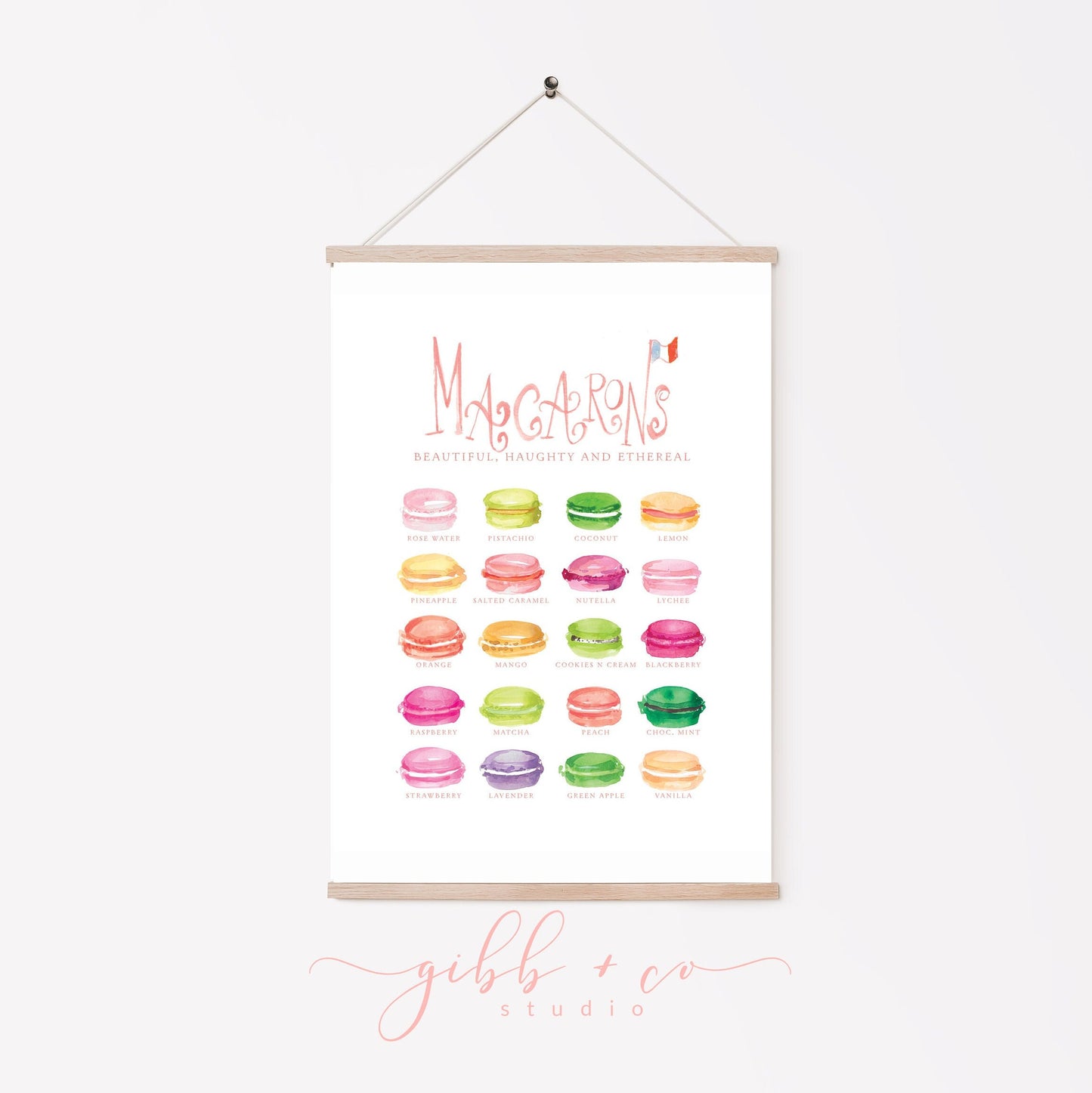 Macaron art print, macaron flavors, illustrated food art print, travel art print