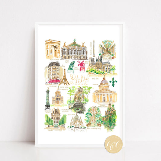 Paris travel art print, Paris architecture art print, Paris icons