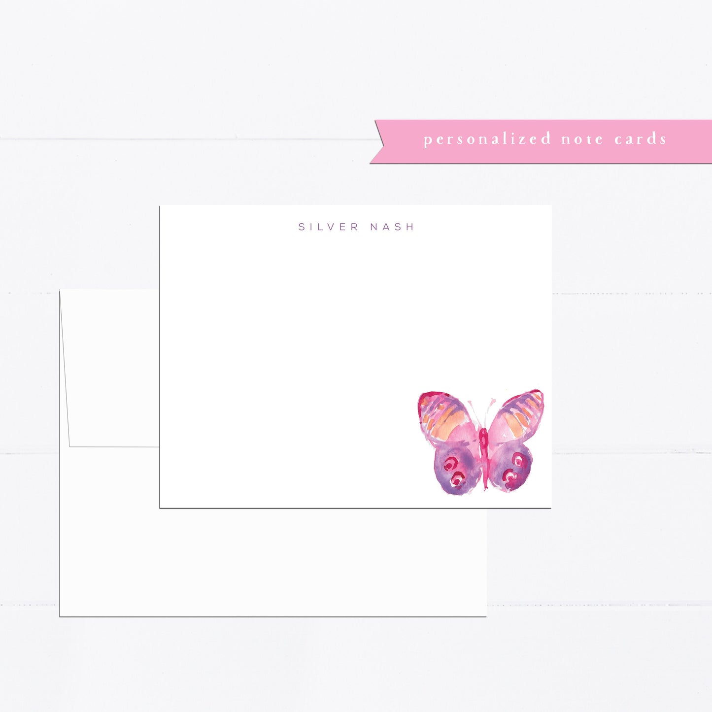 Personalized stationery, pink, purple, peach, butterfly, butterflies, kids stationery, girly, watercolor, printed art, gift for, feminine