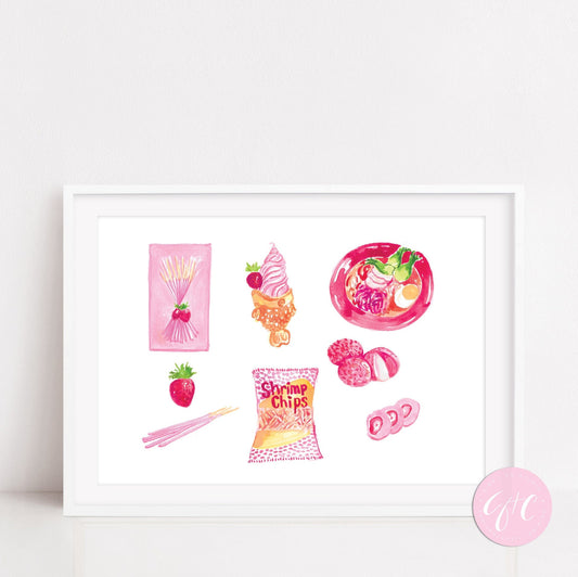 Asian snacks, ramen, shrimp chips, pocky, Lychee, food art print, travel art print