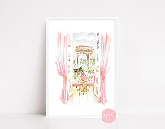 Paris travel art, Paris Breakfast view of Arc, pink art print, French travel art, whimsical Paris art print, Paris nursery art, travel art print