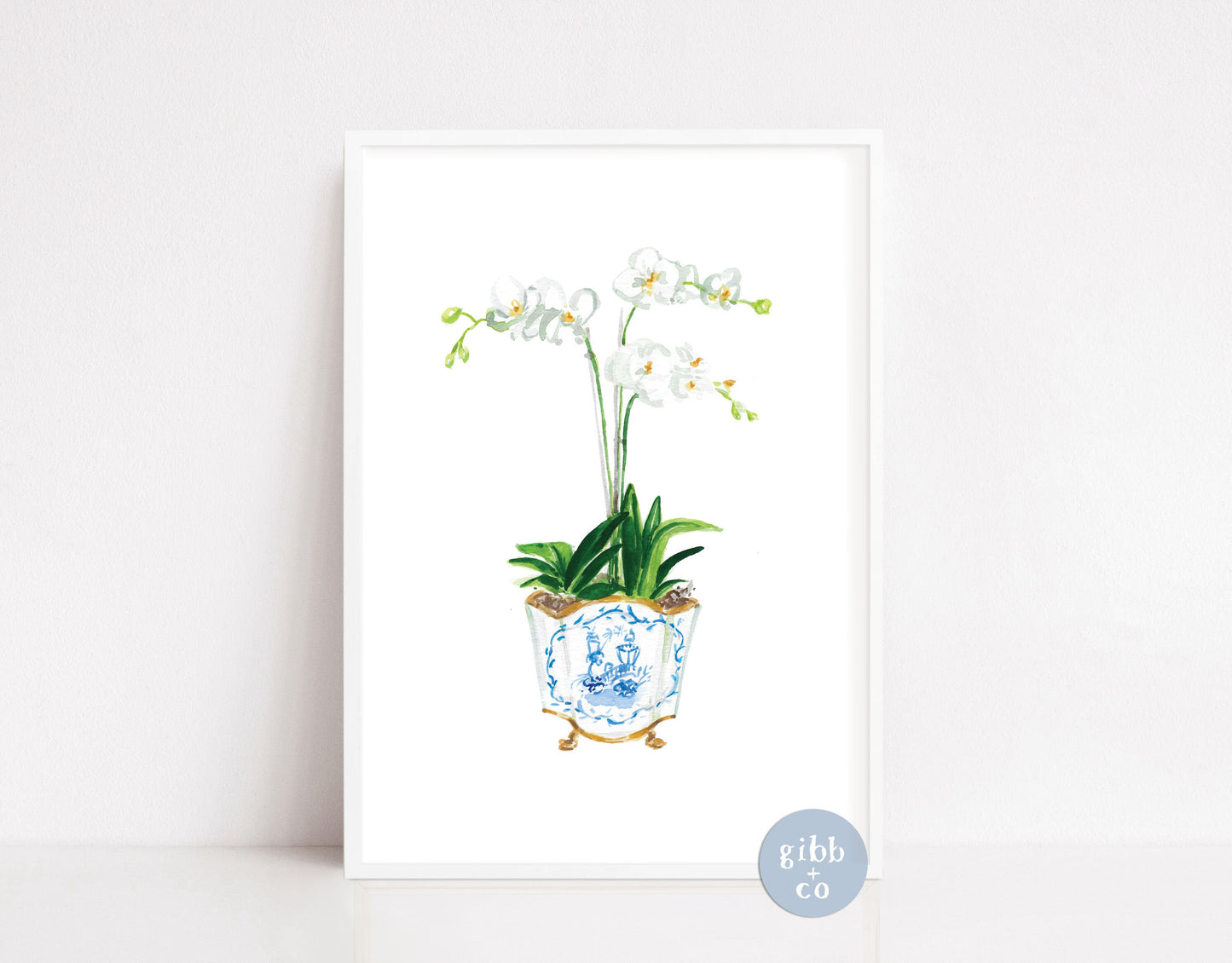 White orchids in gold trim blue container, floral art print, chinoiserie art print