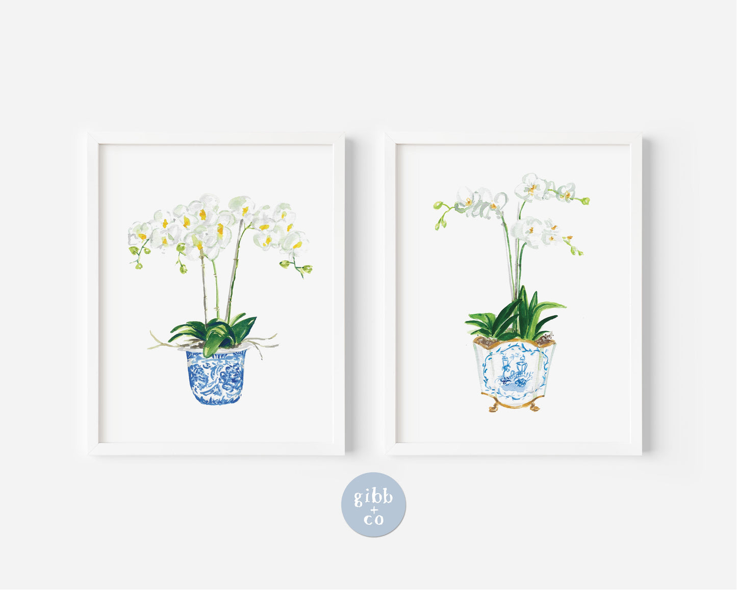 White orchids in gold trim blue container, floral art print, chinoiserie art print