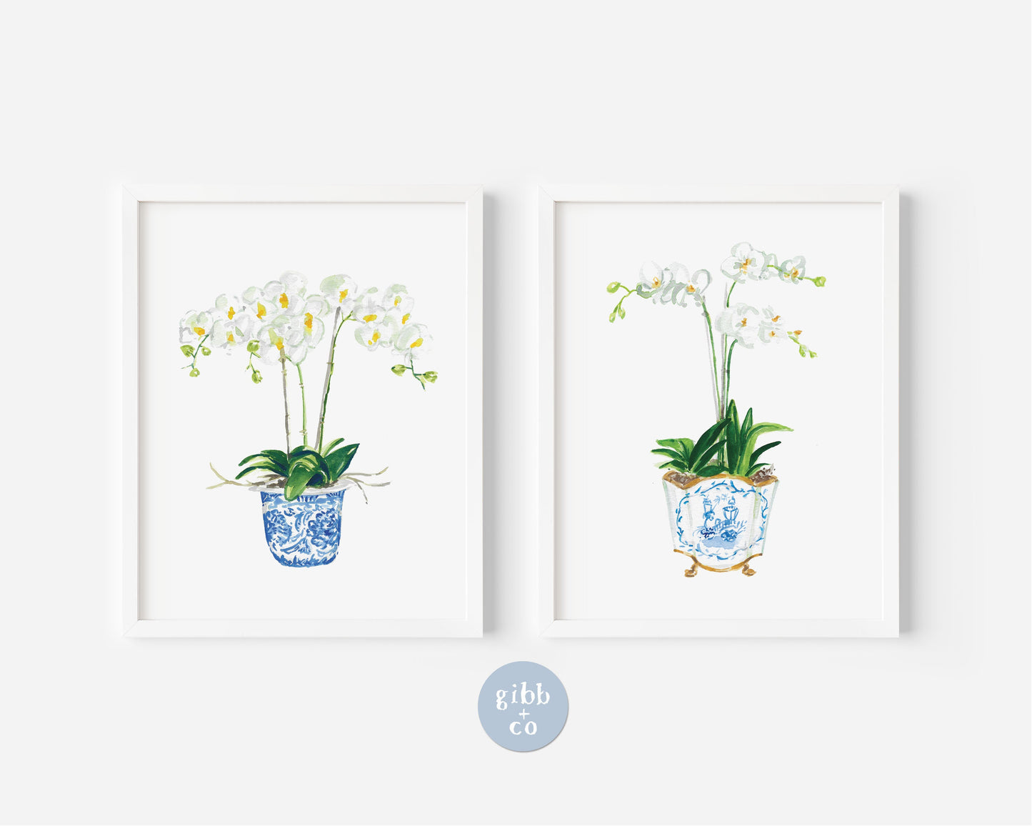White orchids in blue container, art print, watercolor art, chinoiserie art print, floral art print