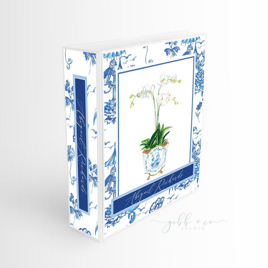 Binder, Chinoiserie, white orchid, floral, pattern, personalized binder, recipes, wedding planner, small business binder, blue and white
