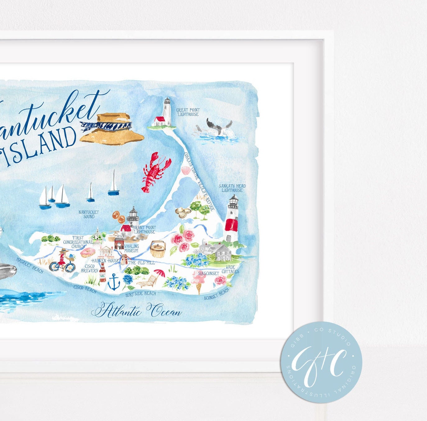 Nantucket Island Illustrated map, map of Nantucket, travel art print