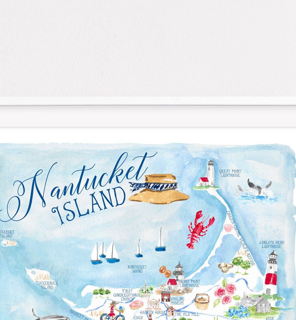 Nantucket Island Illustrated map, map of Nantucket, travel art print