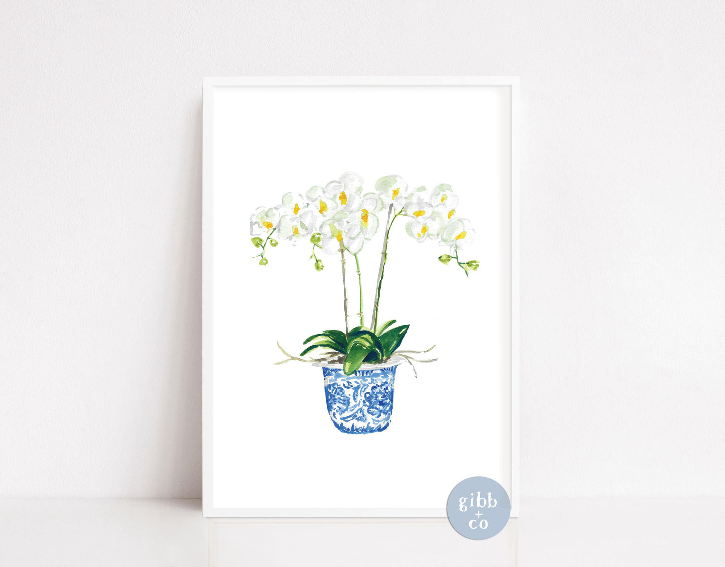 White orchids in blue container, art print, watercolor art, chinoiserie art print, floral art print