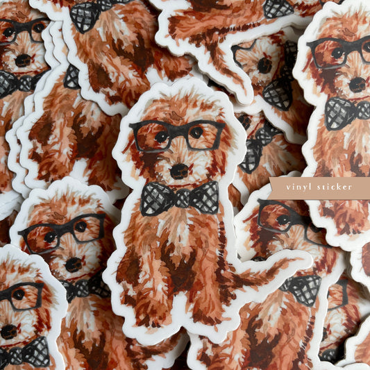Dog sticker, doodle sticker, red doodle sticker, bowtie dog, glasses on dog, vinyl, watercolor, illustration, dog lover, doodle lover