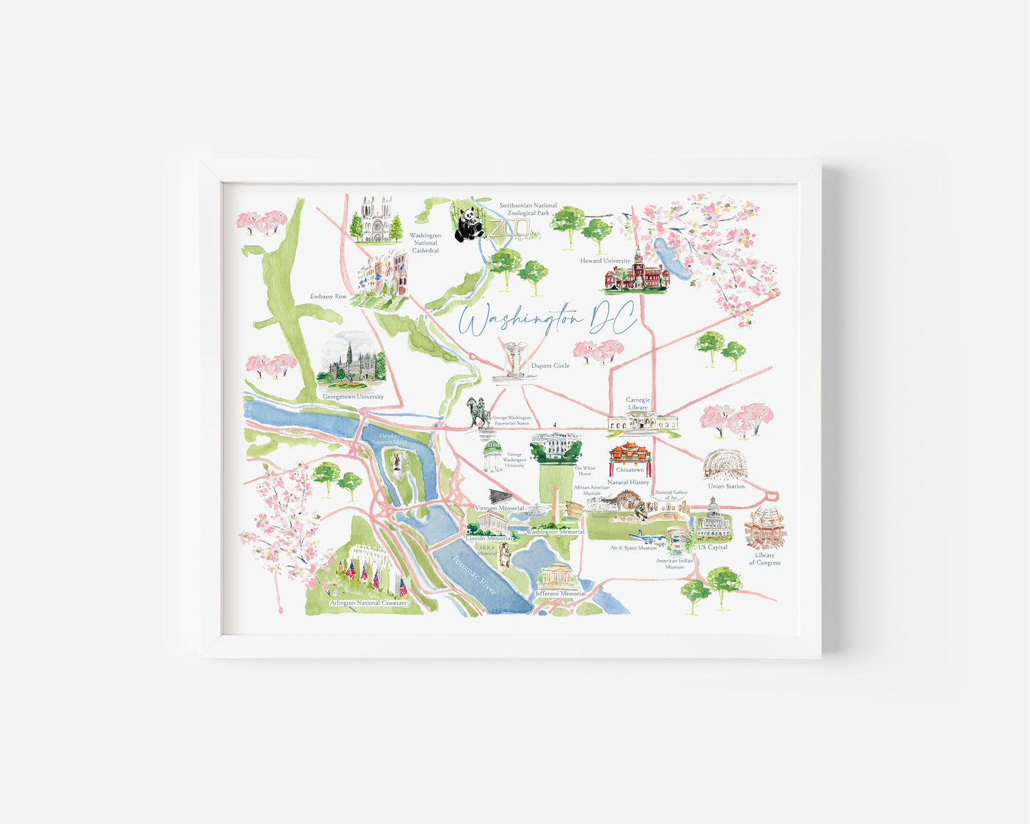 Illustrated map of Washington DC, DC illustrated map, travel art print