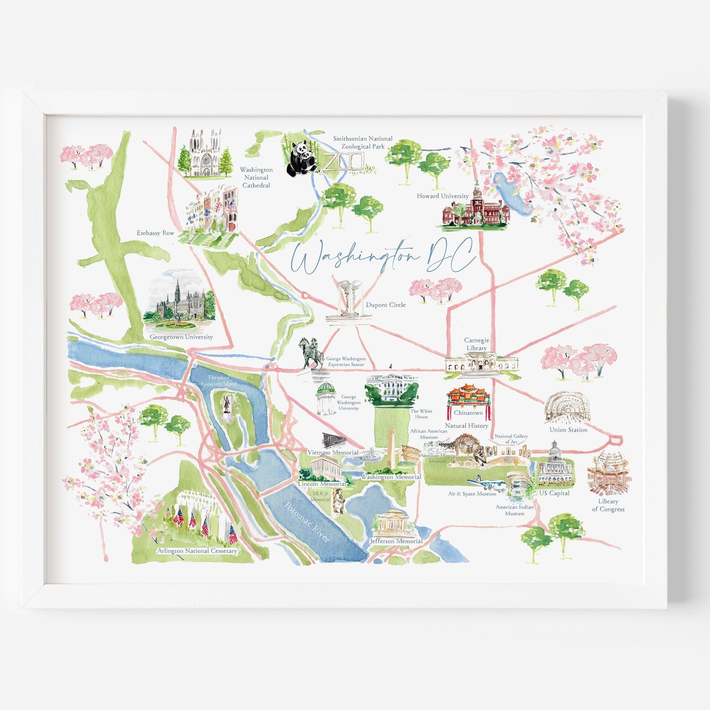 Illustrated map of Washington DC, DC illustrated map, travel art print