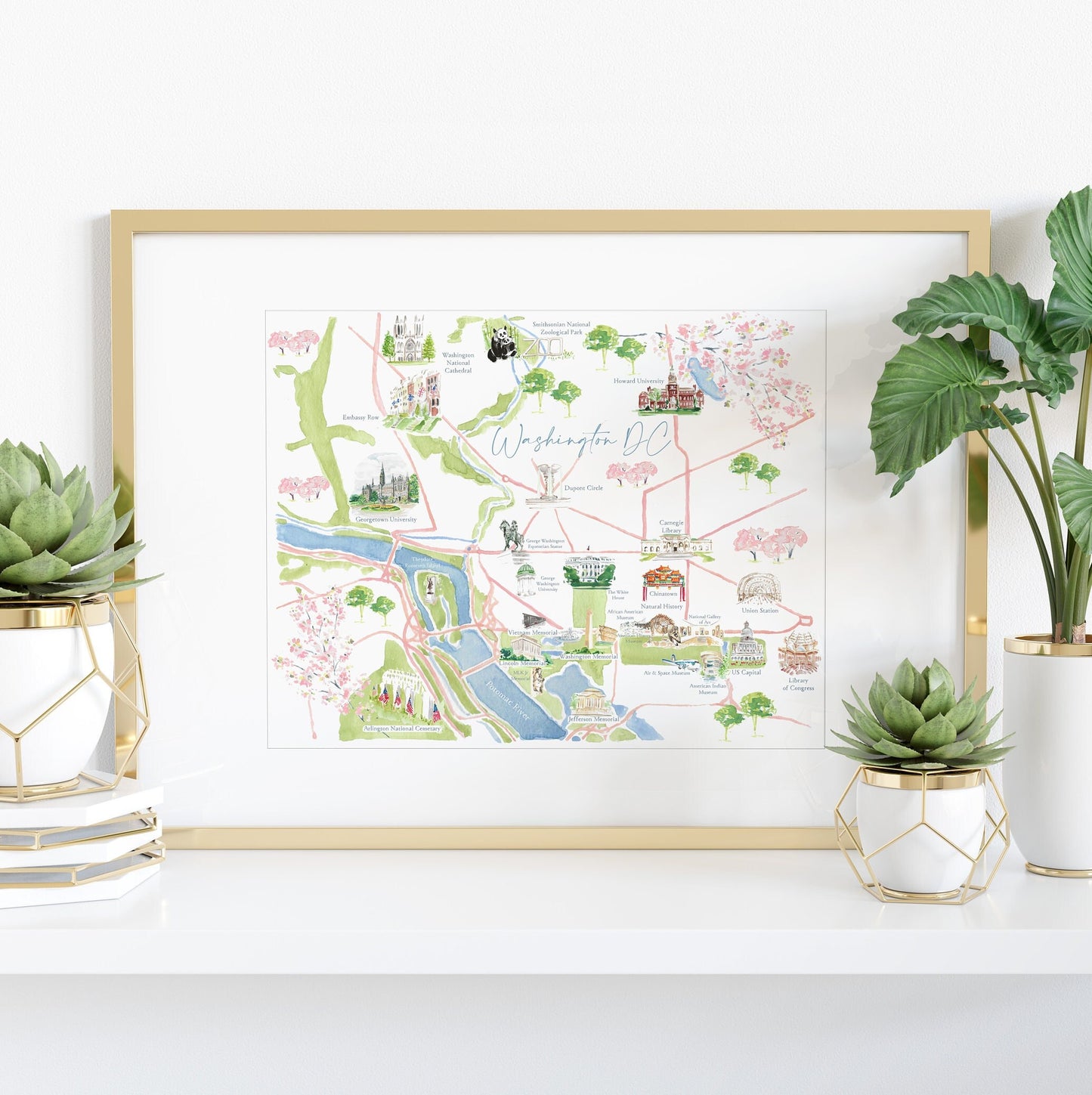 Illustrated map of Washington DC, DC illustrated map, travel art print