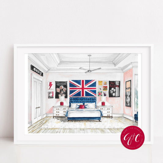 British Rock Bedroom, interior design art print