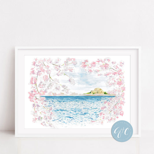 Cherry Blossom, Washington DC watercolor, Jefferson Memorial, travel art print