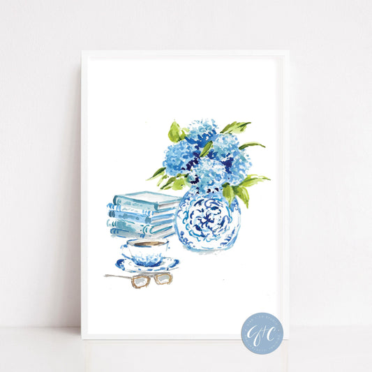 Blue Hydrangeas art print, stacked books, tea, book lover art print, floral art print, chinoiserie art print, book art print