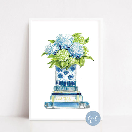 Blue Hydrangeas art print, stacked books, book art print, floral art print