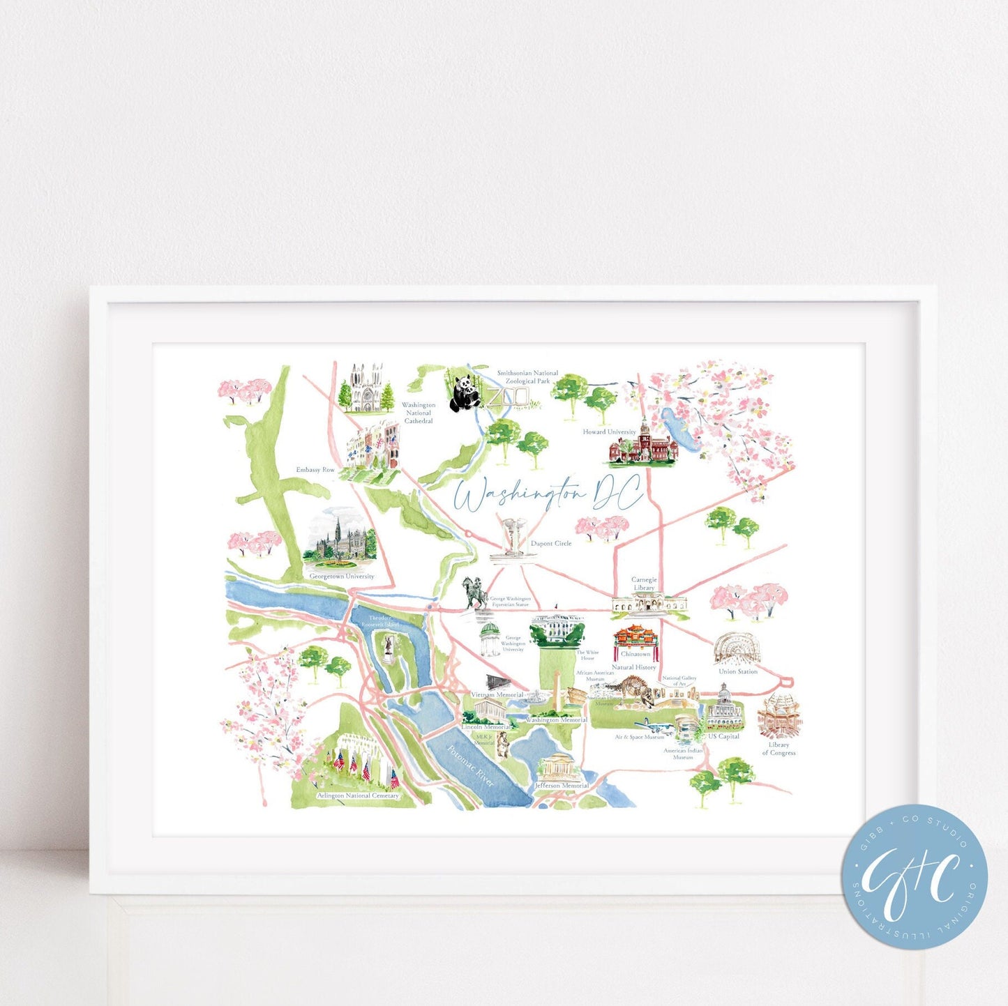 Illustrated map of Washington DC, DC illustrated map, travel art print