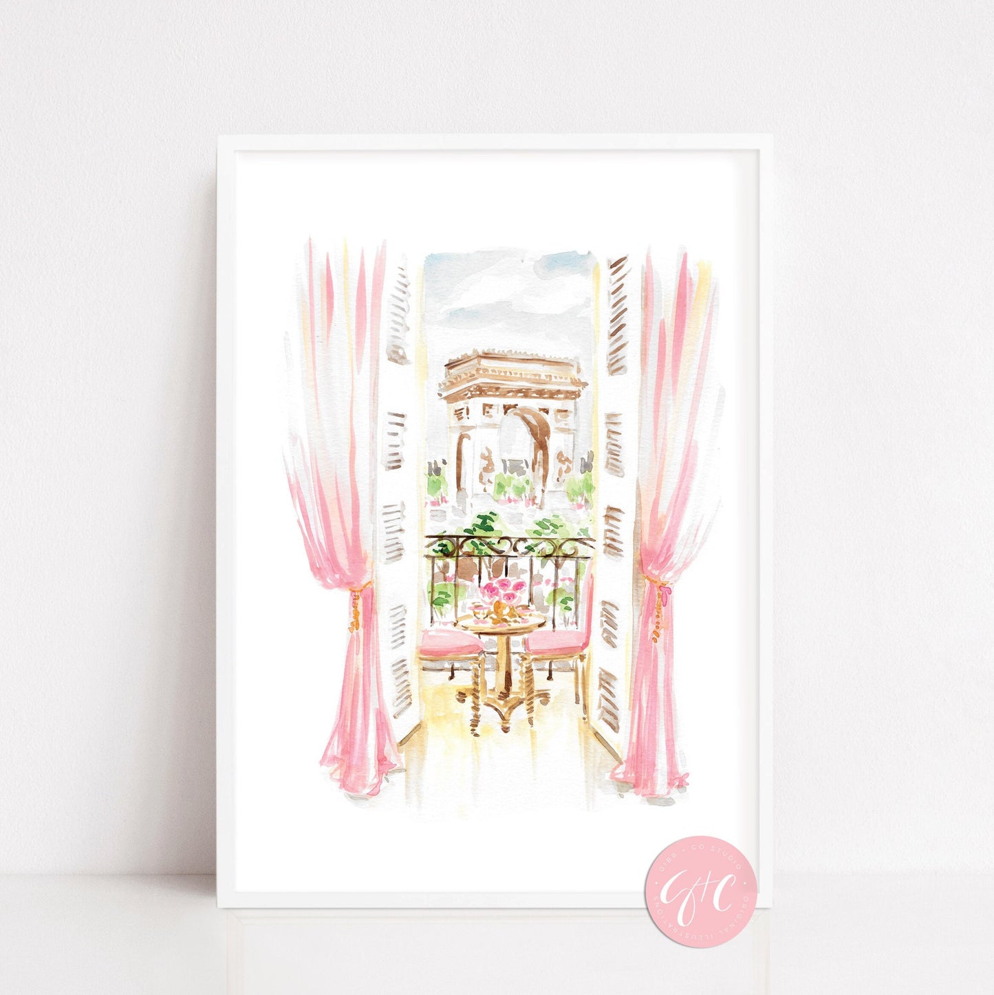 Paris travel art, Paris Breakfast view of Arc, pink art print, French travel art, whimsical Paris art print, Paris nursery art, travel art print