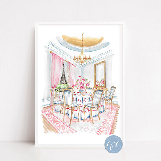 Paris travel art, Paris Brunch w view of Eiffel Tower art print, nursery decor, colorful, travel art, nursery art, French art, travel art print