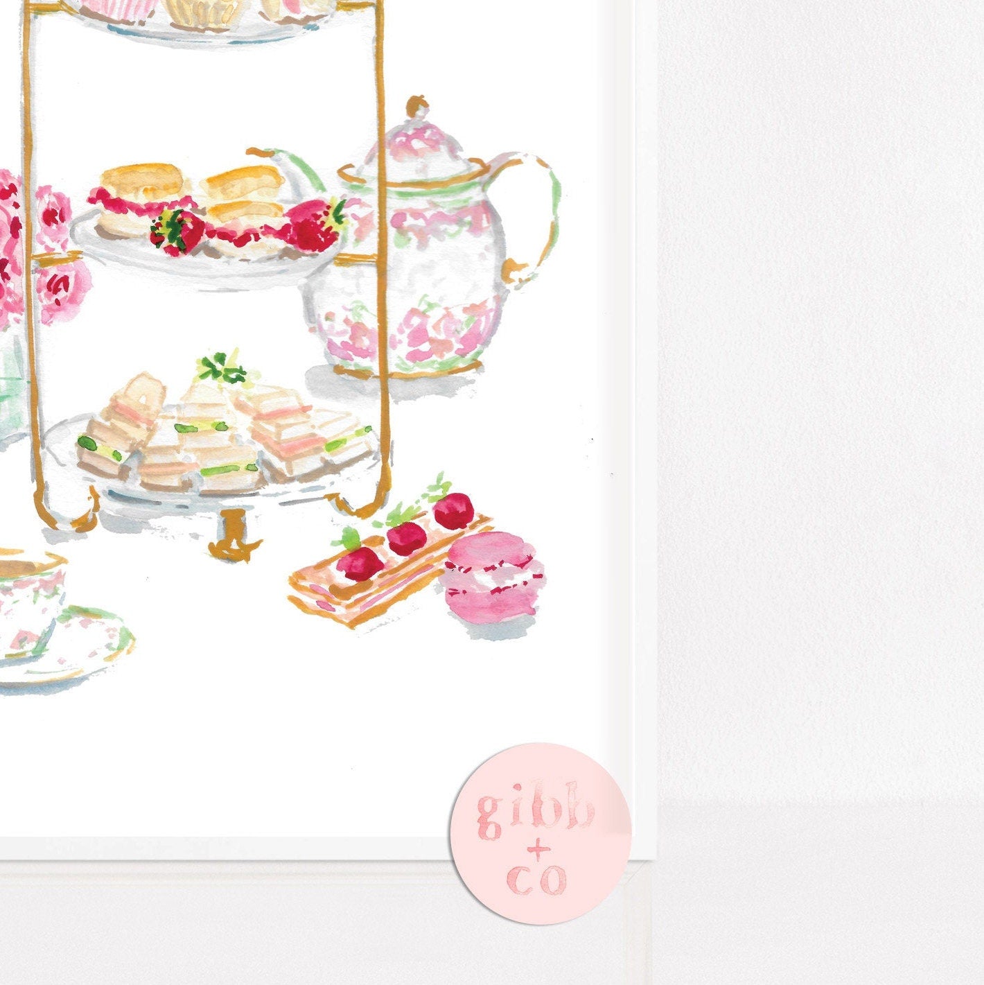 Pink Floral Afternoon Tea, Tea lover, pastry lover, nursery art print, floral art print