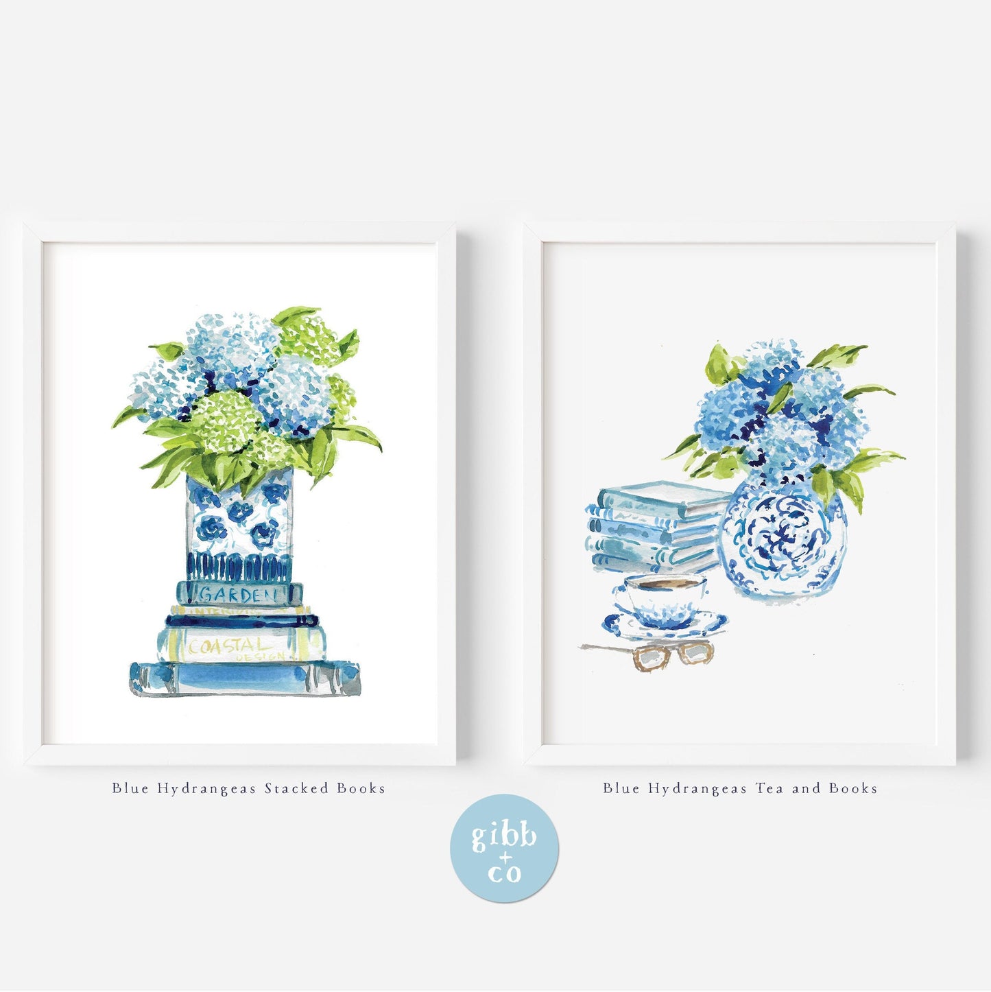 Blue Hydrangeas art print, stacked books, tea, book lover art print, floral art print, chinoiserie art print, book art print